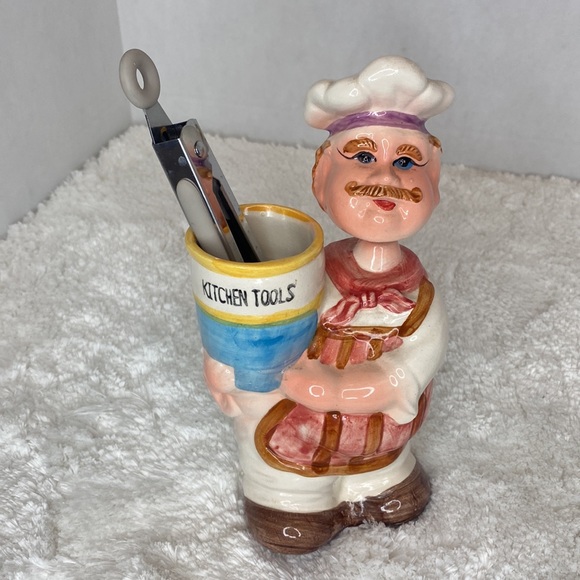 Vintage Ceramic Cheerful Chef Baker Utensil Holder Bobble Head, Kitchen Tools - Picture 2 of 10
